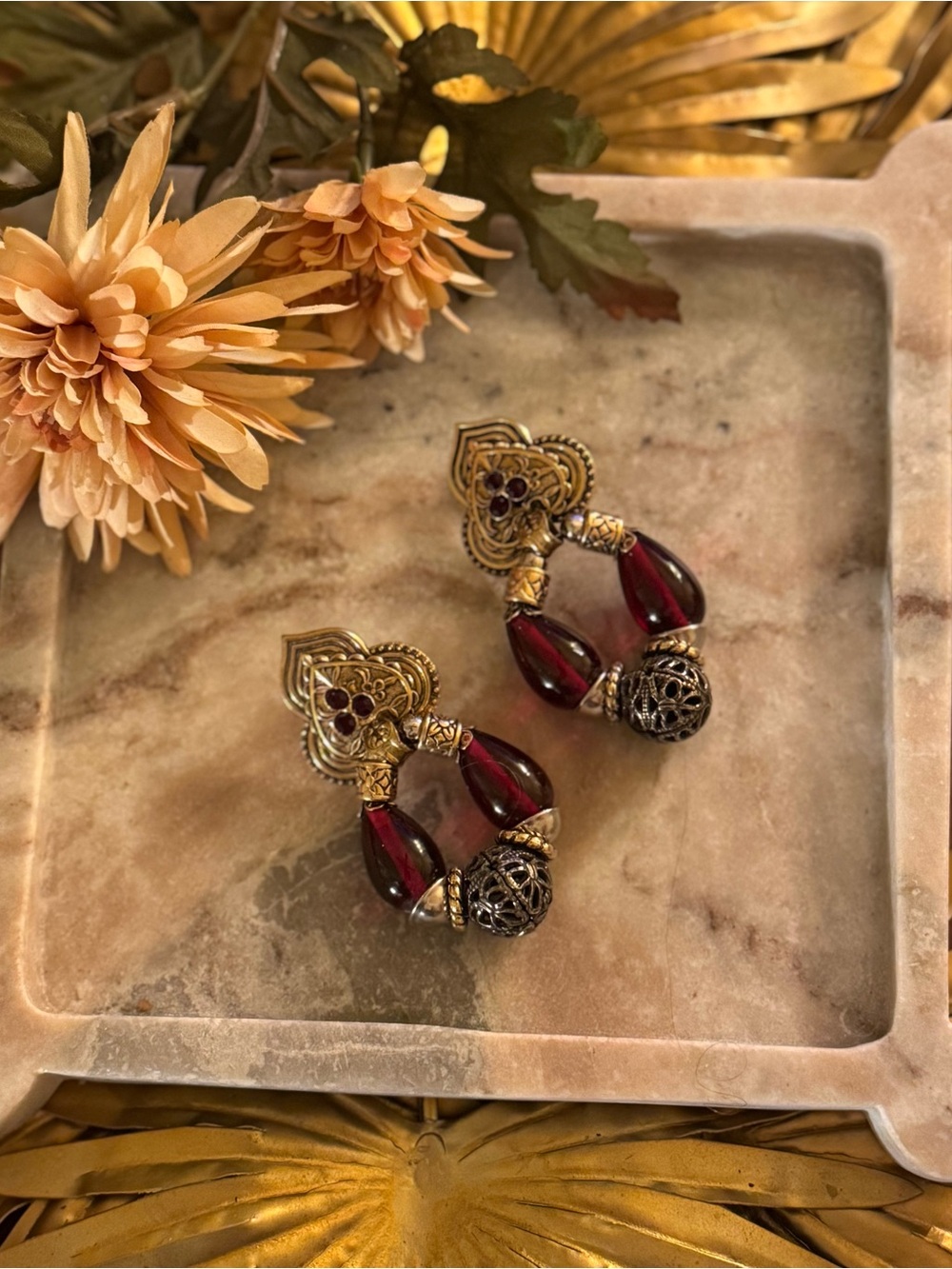 Vintage Zoe Coste France Red Glass Door Knocker Hoop Clip-On Earrings